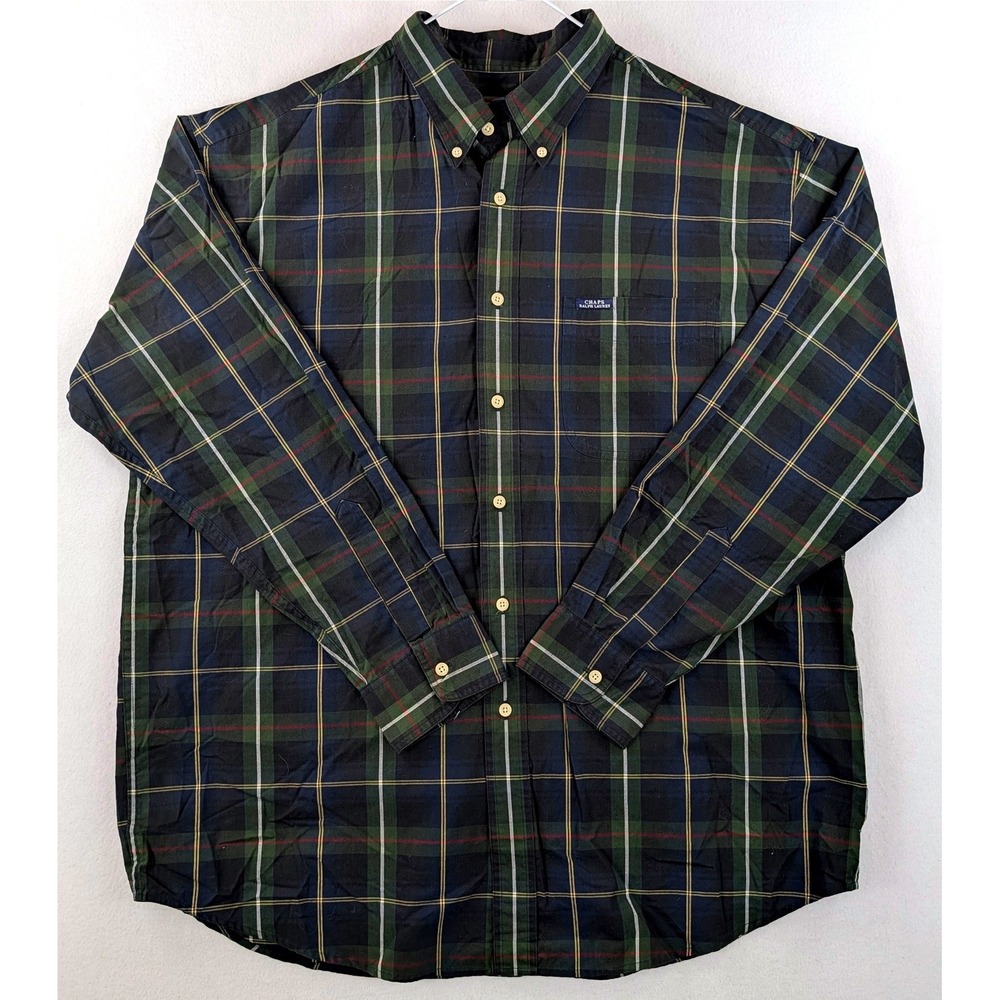 Vintage Chaps Ralph Lauren Mens XL Plaid Button Down Shirt Green Navy Y2K